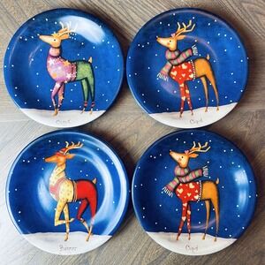 Certified International REBECCA RUEGGER  Reindeer CHRISTMAS  PLATES Set of 4